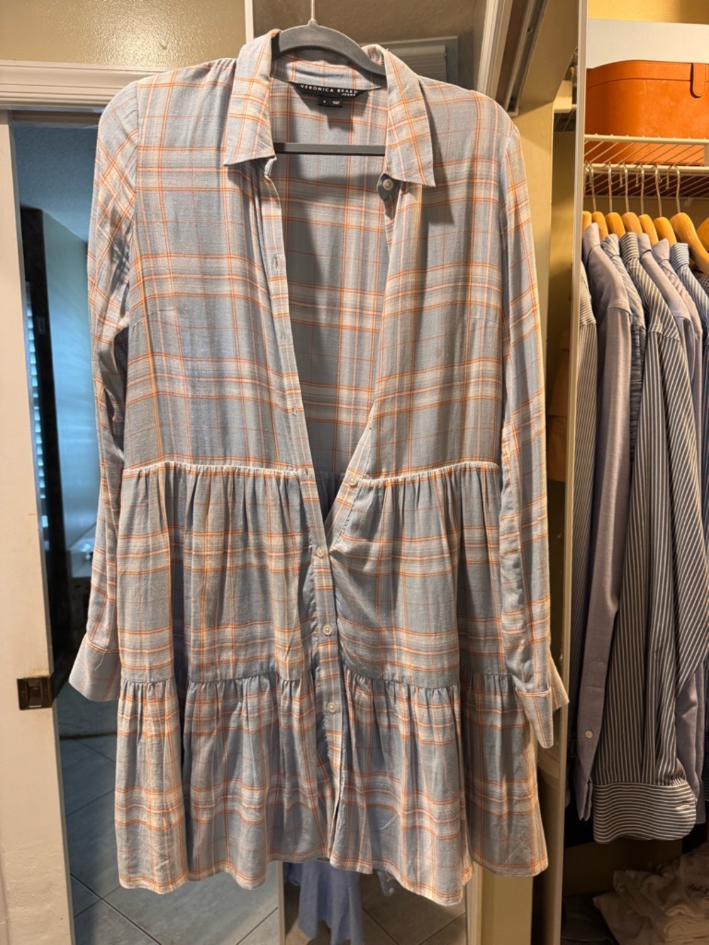 Veronica Beard Blue and Peach Plaid Tiered Button-Front Long Sleeve Dress
